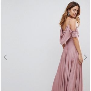Cold Shoulder Cowl Back Pleated Maxi Dress